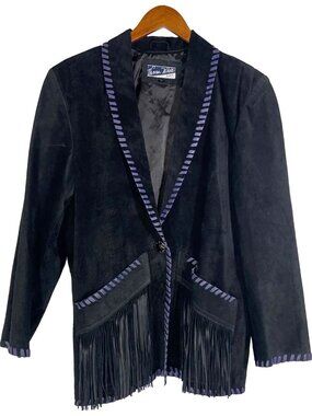 Vintage Vanna White Originals Suede Fringe Jacket Genuine Leather Black Purple